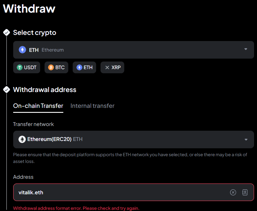 Toobit Exchange doesn't allow ENS names as the recipient in the withdraw flow
